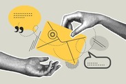 Collage illustration of communication - a yellow envelope being passed from one person's hand to another's