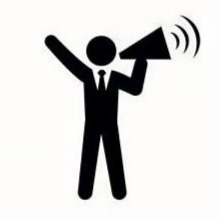 Icon of man in a black suit holding megaphone making announcement