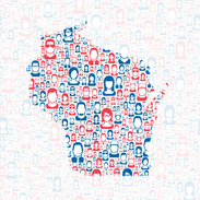 Wisconsin map graphic with icons of people connected across the state