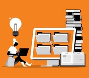 Person icon sitting with laptop next to large monitor, open book, stack of books, with lightbulb icon over head