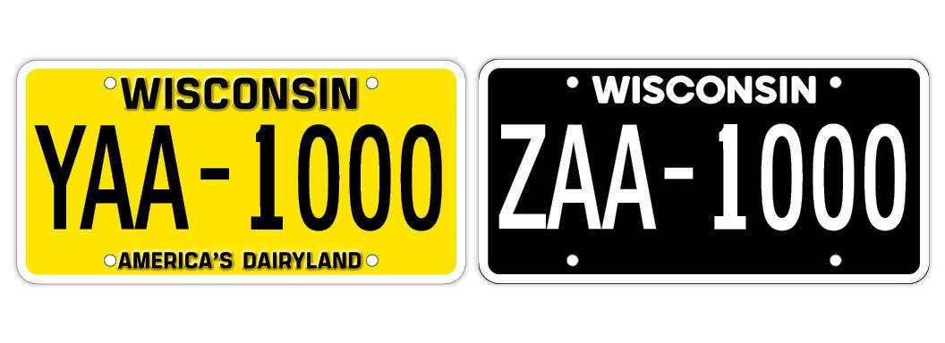 (Left) Retro Butter Yellow Wisconsin license plate (Right) Retro Blackout Wisconsin license plate