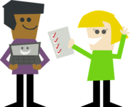 A man holding a computer and a woman holding a checklist