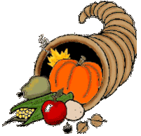 cornucopia with pumpkin, corn and other food