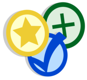 Yellow start, blue check, and green plus symbol