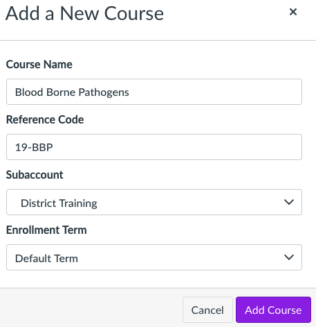 Canvas Adding a New course Screenshot