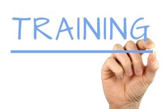 A picture of a hand writing the word "training"