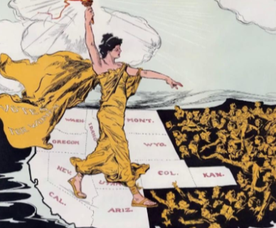 Cartoon from the 20th century depicting a woman holding a torch and walking across the United States with women reaching out to her