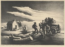 Thomas Hart Benton painting, "The Departure of the Joads" showing a family leaving a farm in the 1930s in their auto