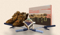 Depiction of moccasins, Native artifacts and a painting