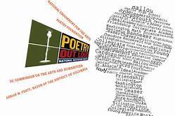 Logo for Poetry Out Load depicting a person's head formed by words and speaking forcefully