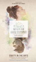 Logo for Wyoming Arts Summit with theme, "Equity in the Arts," depicting profile of a woman's head reflected by an upside-down man's head below it