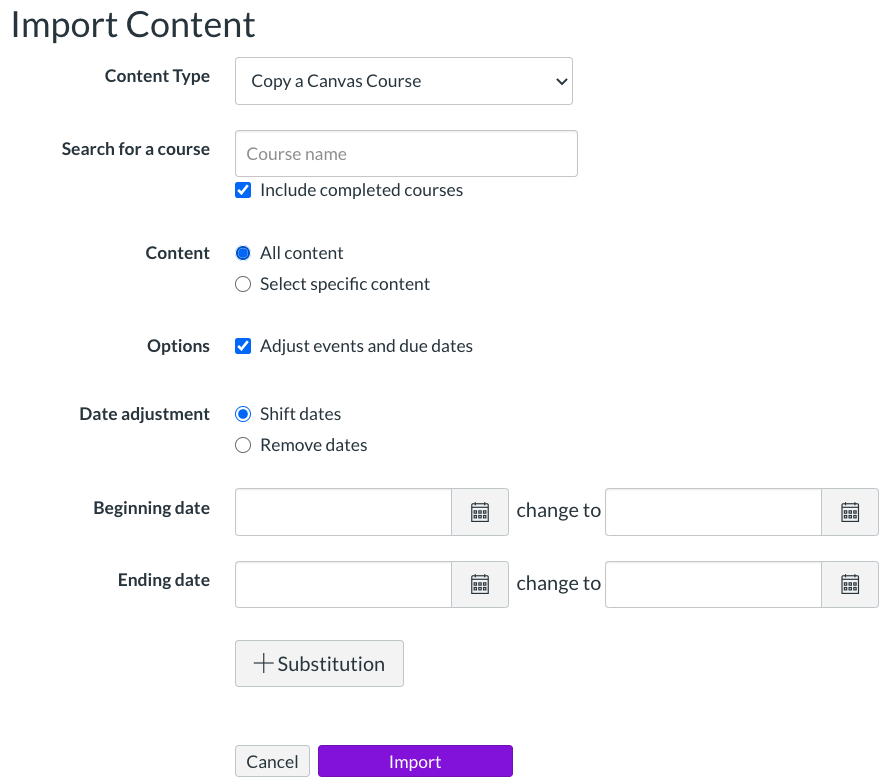 Canvas "Import Content" Menu Options Screenshot
