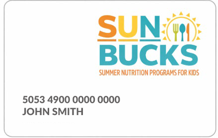 SUN Bucks card is white with a card number, name, and colorful SUN Bucks logo
