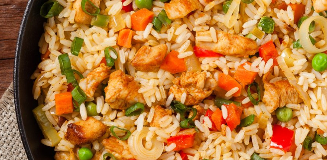 Pan of chicken fried rice