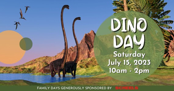 Dino Day Saturday July 15th from 10am-2pm. Three pterosaurs fly towards a mountain range with two long-necked dinosaurs walking in water. 