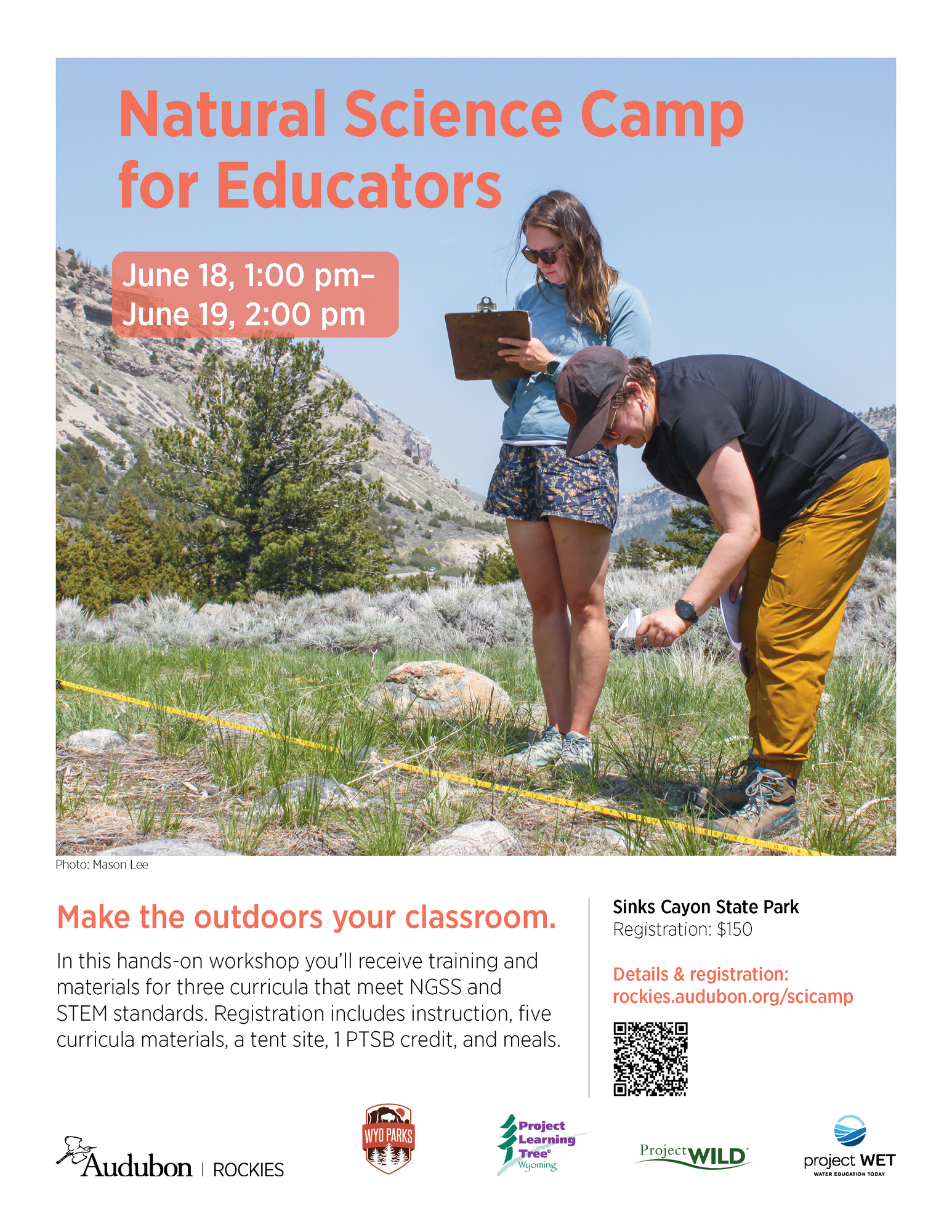 Natural science camp for educators June 18-19. Flyer shows two folks who look like they're conducting research outdoors at Sinks Canyon.