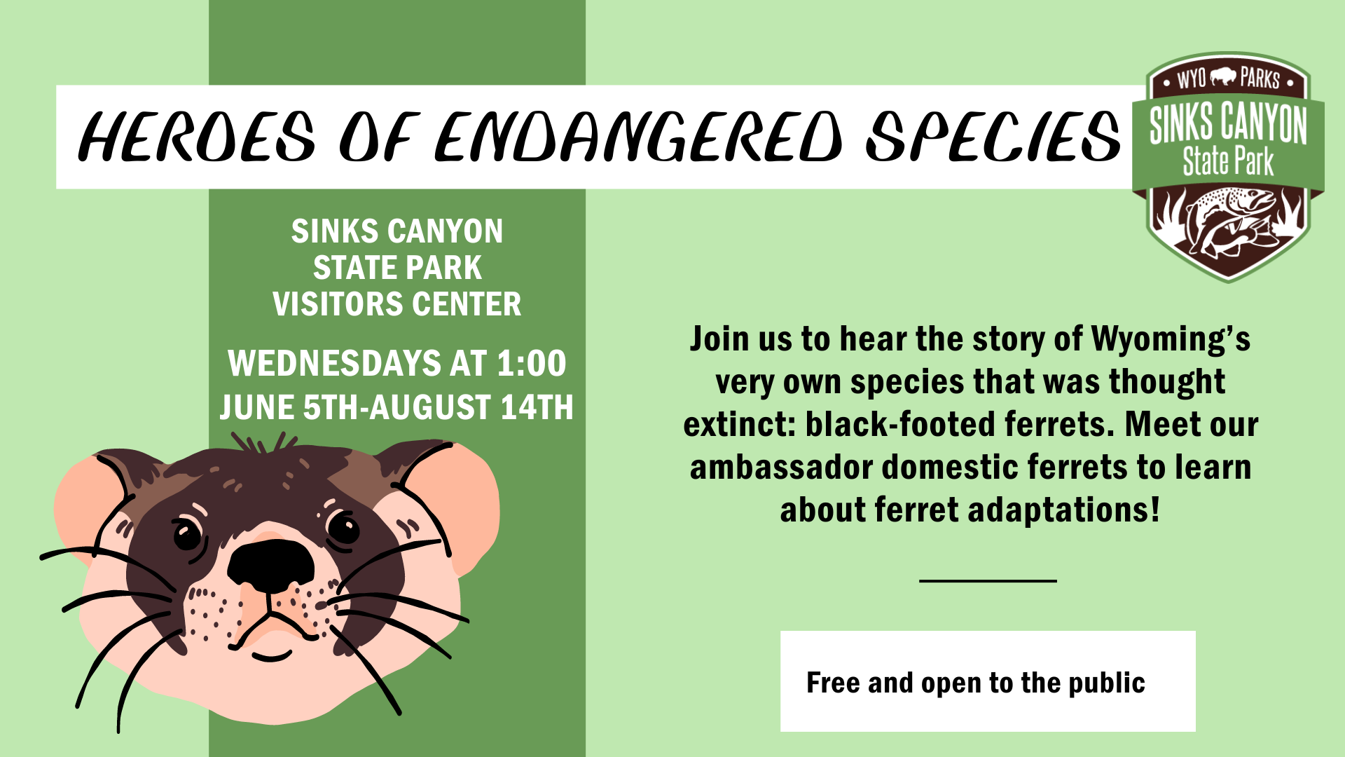 Saturdays at 1:00 ferret programs at Sinks Canyon visitor center. Ferret graphic on green background