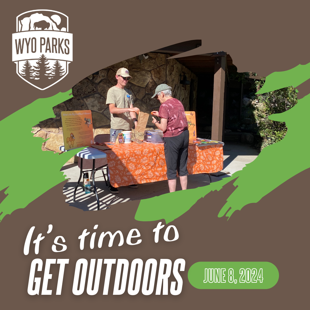 get outdoors day green and brown graphic showing park staff interacting with visitor.