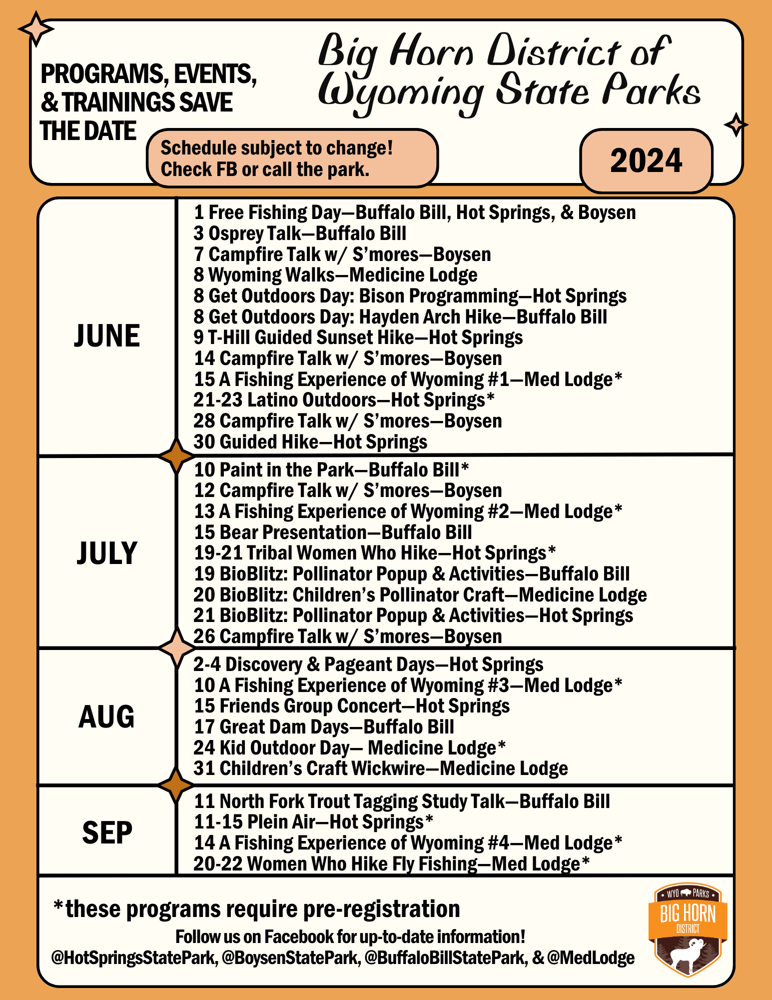 big horn district schedule of events on orange background