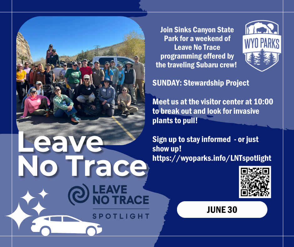 Leave no trace program. Blue background with picture of group of about 20 who have big trashbags. Stewardship program sunday June 30th 10:00-12:00.