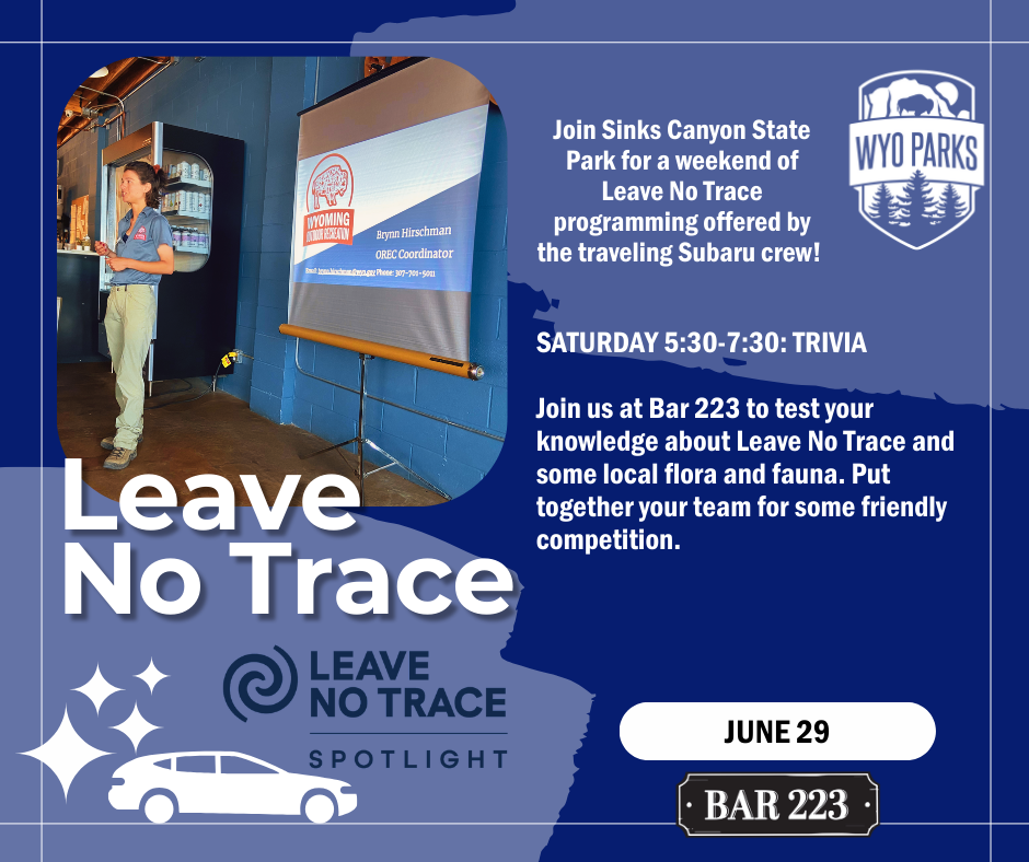 Trivia at Bar 22 June 29th at 5:30 with leave no trace. Blue background