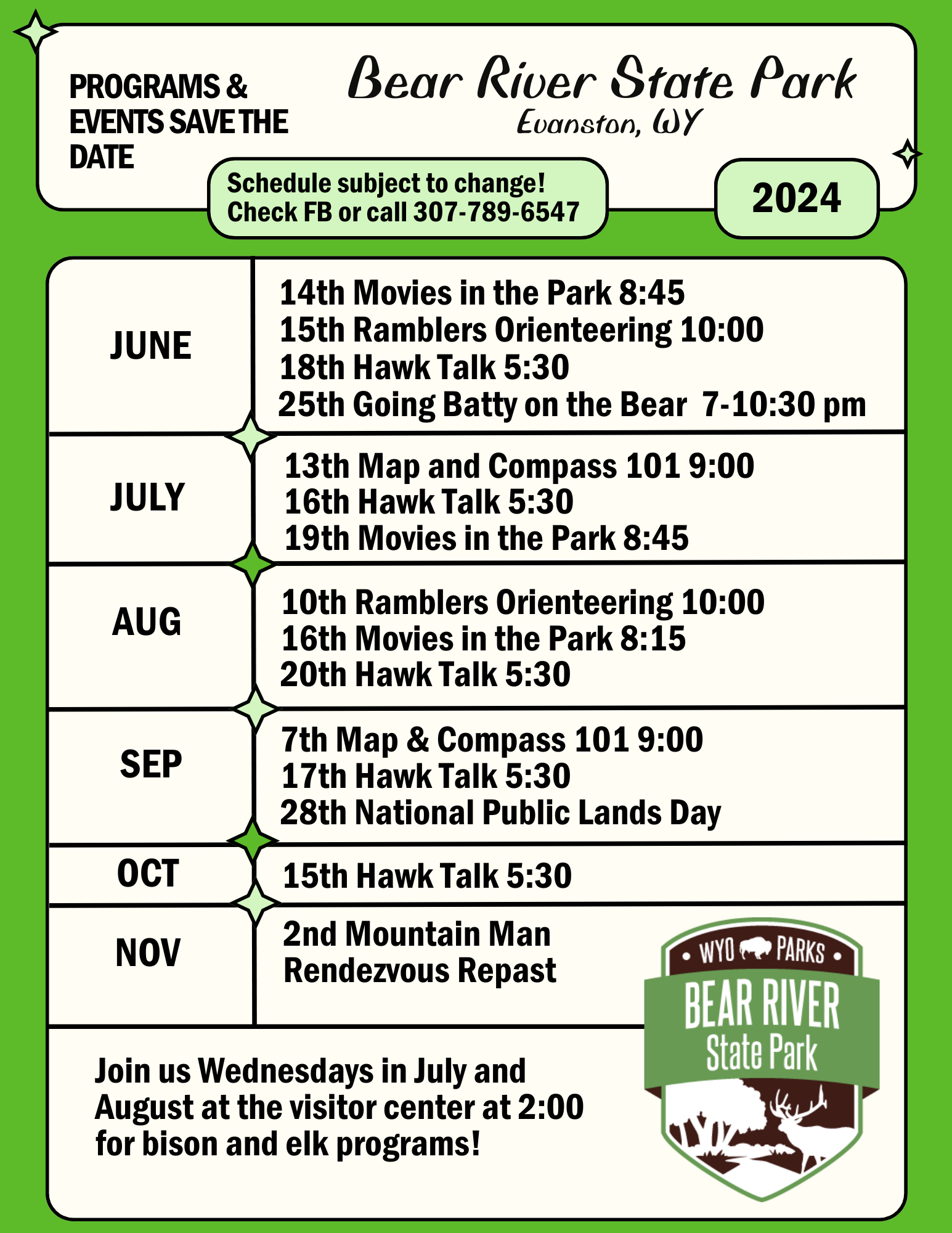 Bear river state park's schedule of events on green background