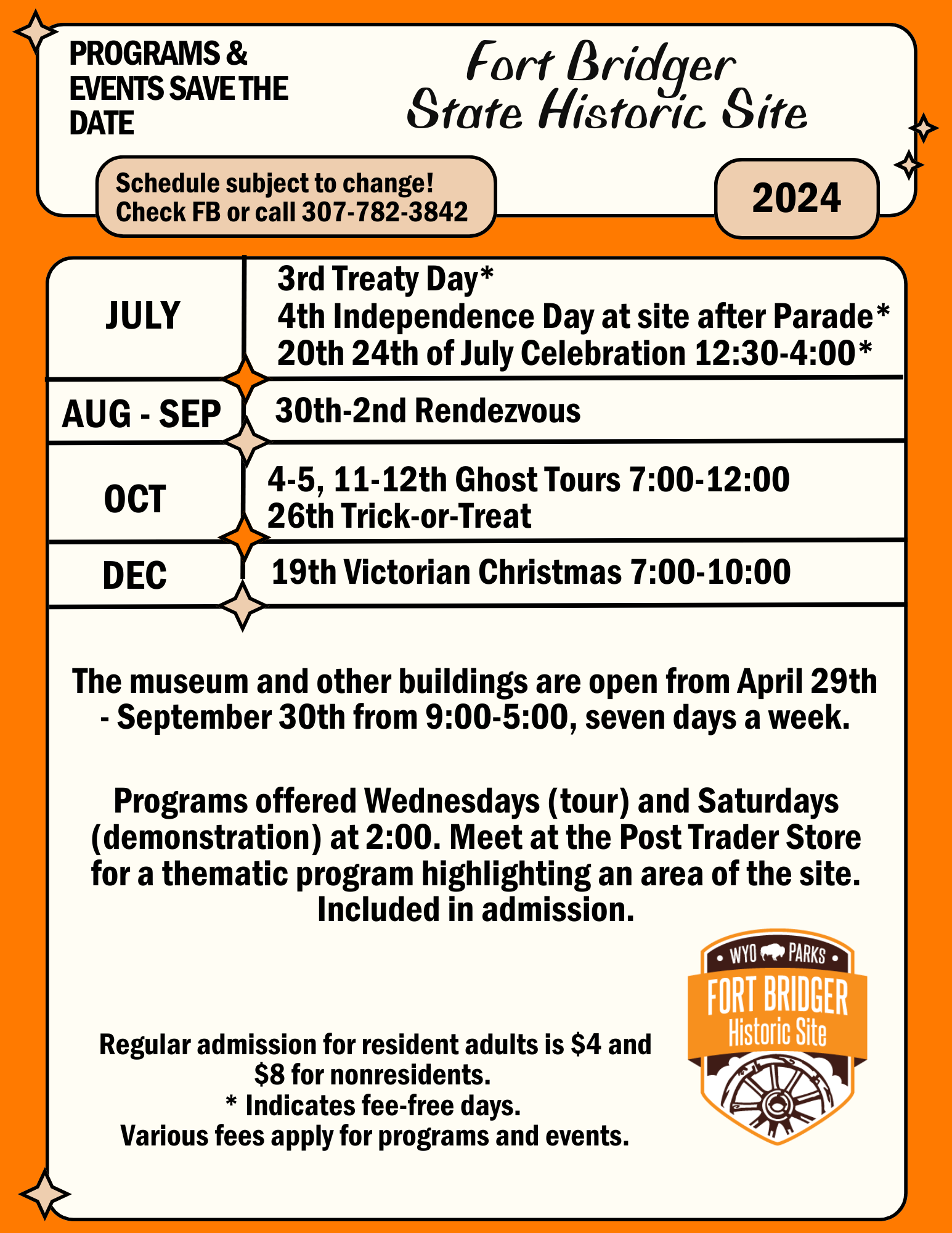 Fort bridger schedule of events on orange background