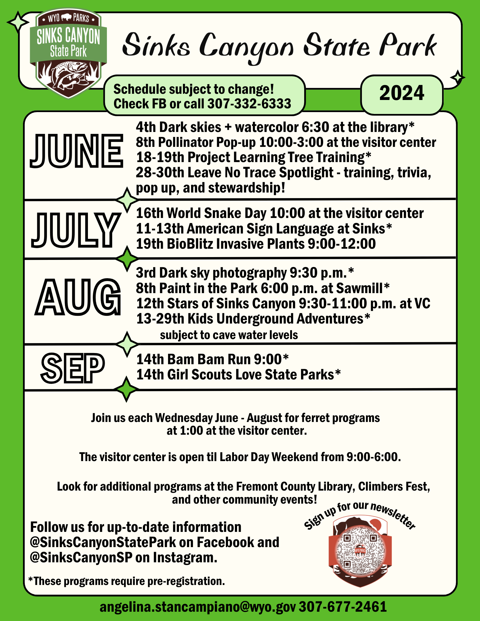 sinks canyon state park schedule of events on green background