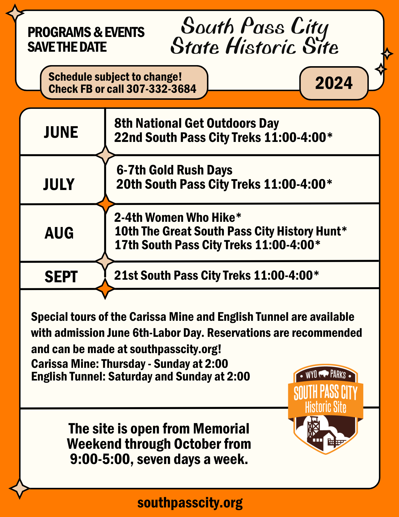 south pass city schedule of events on orange background