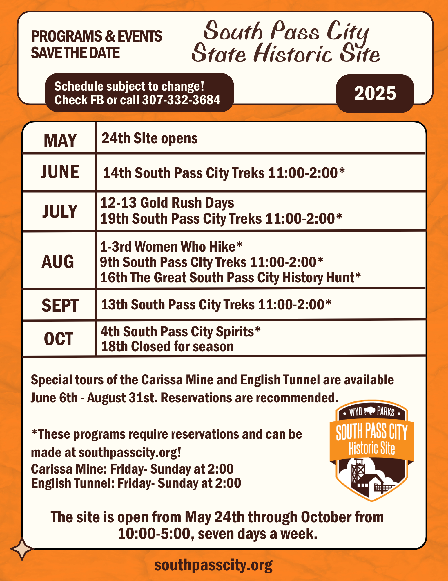 South Pass City calendar at a glance