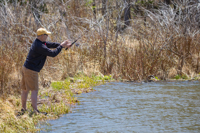 Man fishing from side of creek