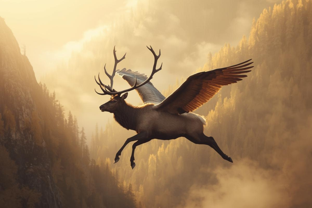 AI generated image of an elk with wings flying over a valley