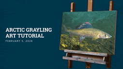 Thumbnail for 'how to draw grayling' Youtube video, painting of arctic grayling on easel on the right and text on the left