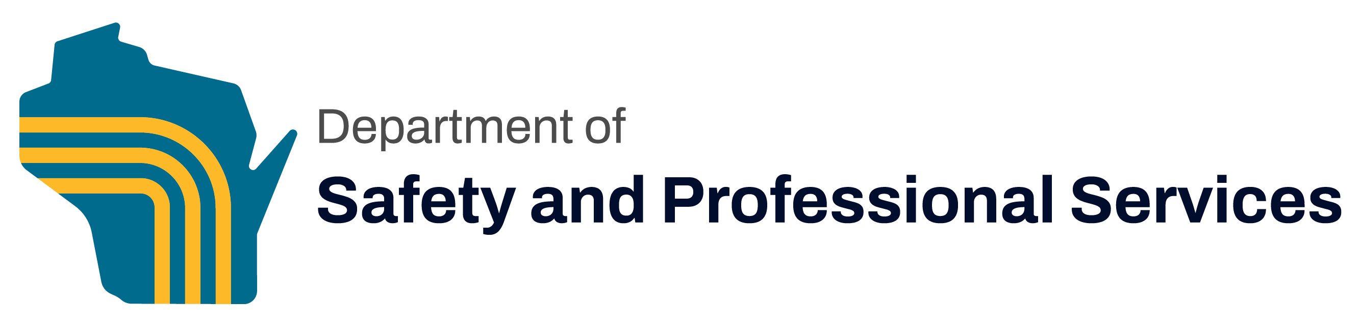 Wisconsin Department of Safety and Professional logo of blue Wisconsin state with 3 yellow lines