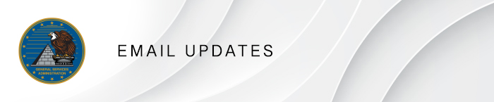 GSA seal and EMAIL UPDATES on top of gray swirl background.