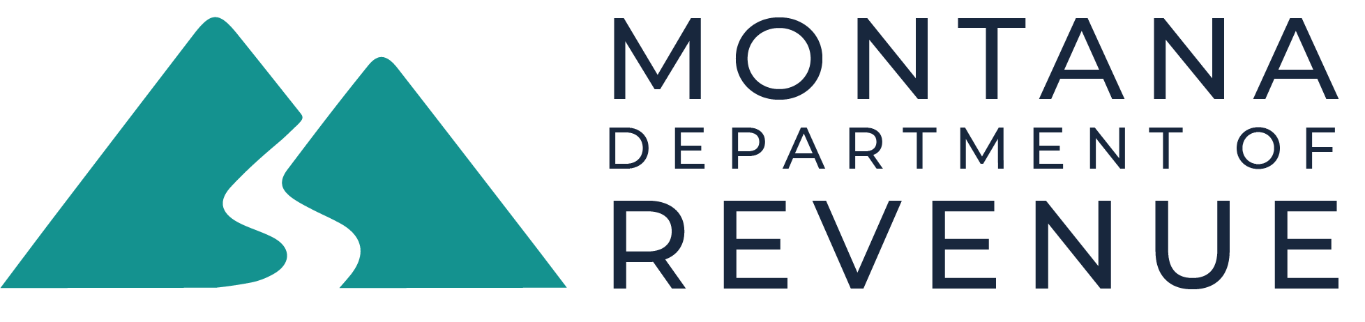 Abstract logo of two mountains divided by whitespace representing a river to the left of the words Montana Department of Revenue 