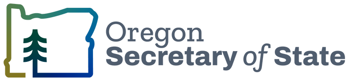 Oregon Secretary of State logo has outline of state of Oregon with tree in middle.